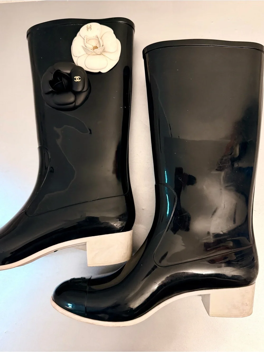 CHANEL Black Rain Boots with Black and White Camellia Details